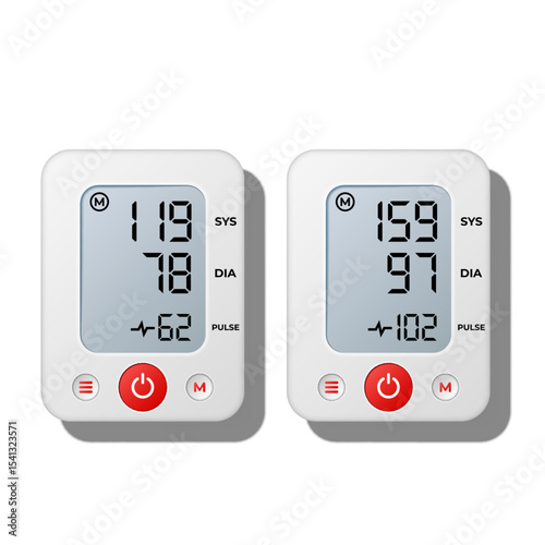 Digital blood pressure monitor two devices top view isolated on white background, showing high and low blood pressure levels realistic 3d vector clipart,