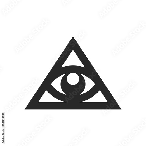 Mystical triangle eye logo with modern black and white negative space flat design, triangular geometric shapes and abstract sacred for esoteric, spiritual, vision branding.