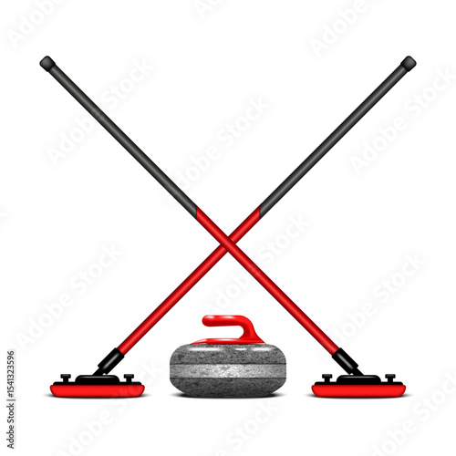 Curling equipment kit with crossed red and black brooms and textured granite stone, isolated realistic 3d vector illustration for winter sport competition, olympics ice game design poster or banner.