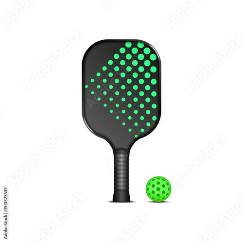 Pickleball racket with neon green dot pattern and green ball front view, isolated realistic 3d vector illustration for sports equipment, active lifestyle, outdoor games and paddle sport custom model.