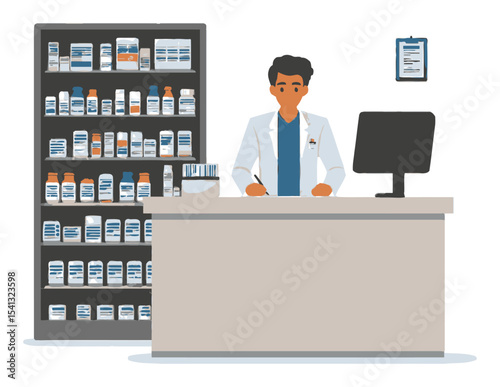 Pharmacist in Pharmacy Interior with Shelves and Computer Setup