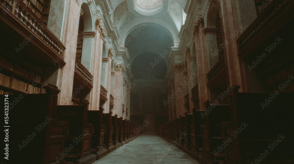 Obraz premium Dark Academia Atmospheric Library Interior with Ornate Railings, Antique Artifacts, and Timeless Scholarly Ambiance for Heritage Education and Deep Study Promotion