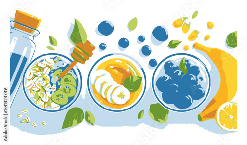 Colorful Vector Cartoon Fruits and Ingredients for Healthy Smoothie Recipes