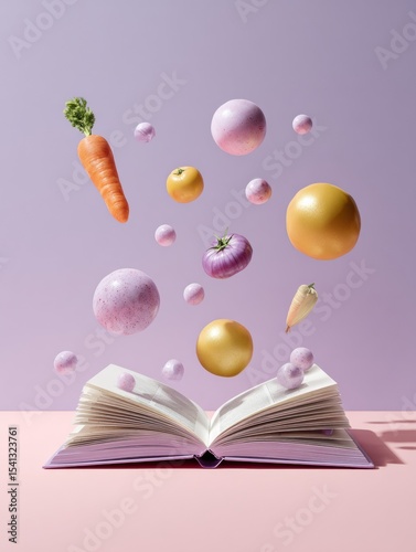 Creative Culinary Inspiration with Open Cookbook and Floating Fruits and Vegetables on Pastel Background for Modern Cooking Lifestyle