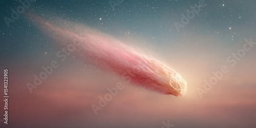 Celestial comet streaking across starry twilight sky with glowing pink trail, capturing rare cosmic moment for astronomy marketing and dream inspiration