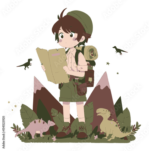 Young Adventurer with Map Surrounded by Dinosaurs and Nature Elements
