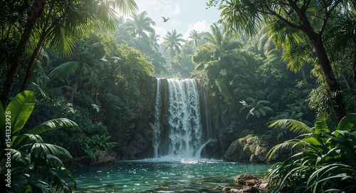 Lush jungle scenery with cascading waterfall flowing into a turquoise pool and tropical plants around