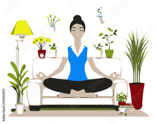 Serene Woman Meditating in Cozy Room Surrounded by Lush Green Plants