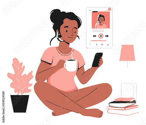 Cozy Woman Enjoying Music and Tea in a Modern Cartoon Illustration