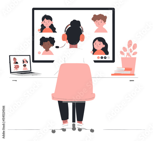 Cartoon Vector Illustration of Remote Work with Video Conferencing Setup