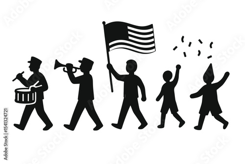 4th of July Parade Silhouette Icon Set | Drummer, Trumpet Player, Flag Waving & Confetti Icons in Bold Black Outline
