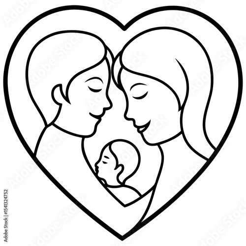 Family of three in heart shape line art
