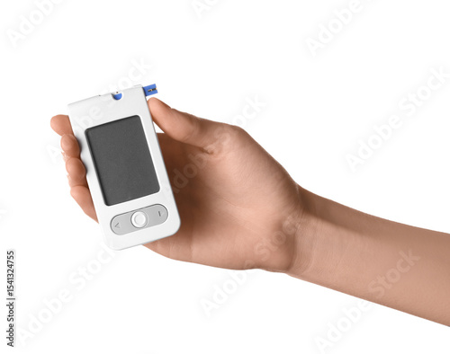 Woman holding digital glucometer on white background
