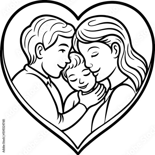 Happy family of three in heart shape illustration