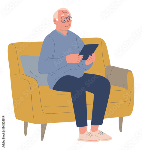 Senior Man Sitting on Couch Using Tablet in Modern Cartoon Style Illustration