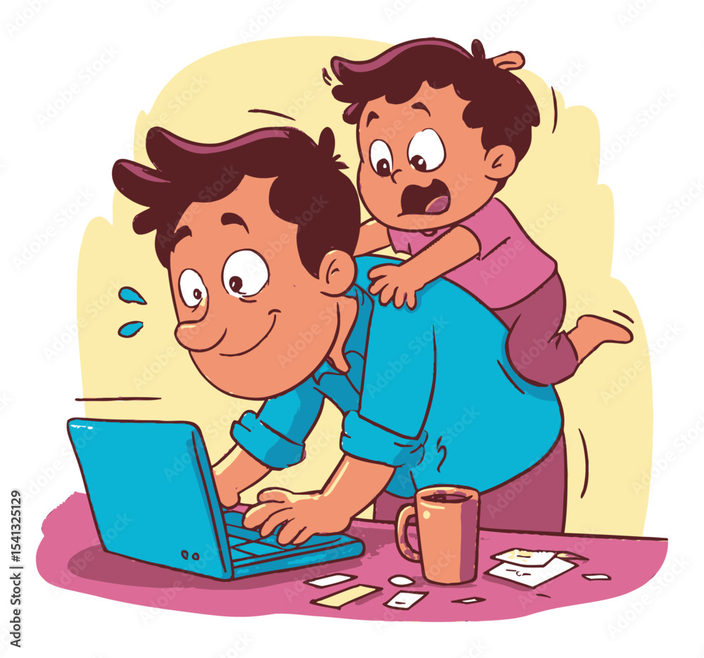 Father and Child Bonding Moment While Working at Home Lifestyle Illustration Father and Child Bonding Moment While Working at Home Lifestyle Illustration