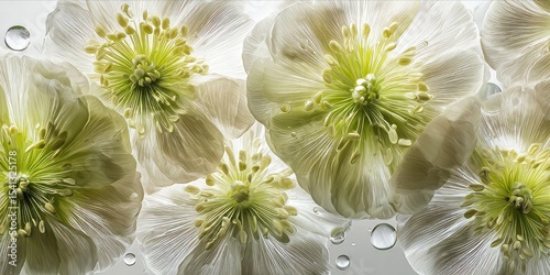 White flowers with light green accents, against a white background, with transparent and delicate, semi-transparent petals, creating a 3D relief effect. 
