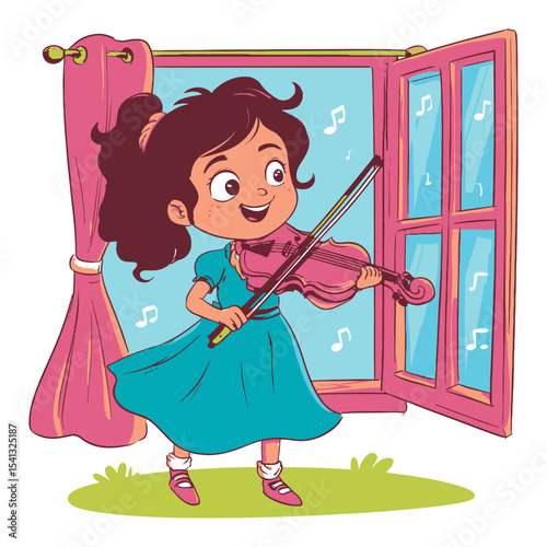 Cheerful Girl Playing Violin by Open Window with Musical Notes Floating