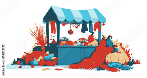 Colorful Market Stall with Fresh Produce and Vibrant Decorations