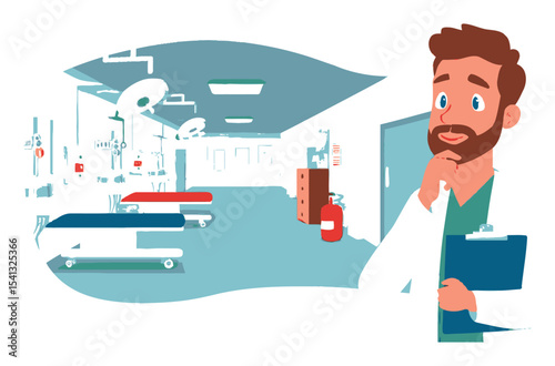 Doctor Contemplating in Modern Hospital Room with Medical Equipment in View