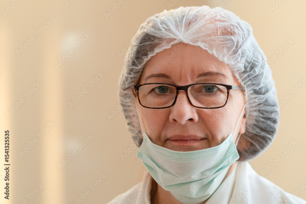 An experienced female doctor with her mask lowered to the chin stares directly at the camera. The moment captures determination, care, and medical responsibility in a hospital setting. An experienced female doctor with her mask lowered to the chin stares directly at the camera. The moment captures determination, care, and medical responsibility in a hospital setting.
