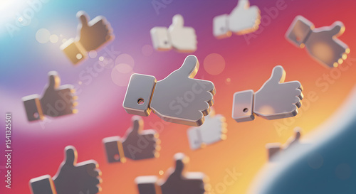 3D Render of Thumbs-Up Icons Floating in a Colorful Abstract Background