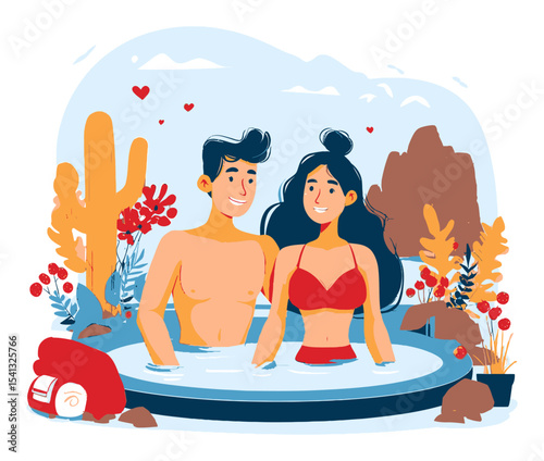 Happy Couple Enjoying a Relaxing Day in a Hot Tub Surrounded by Nature
