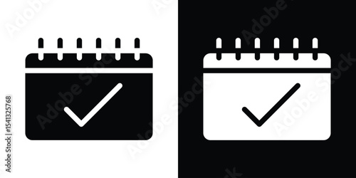 Check in calendar icon in flat black solid vector set