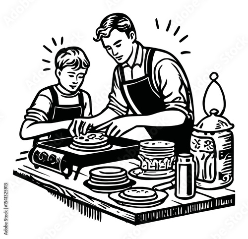 Father and Son Cooking Together in a Kitchen Vintage Style Illustration