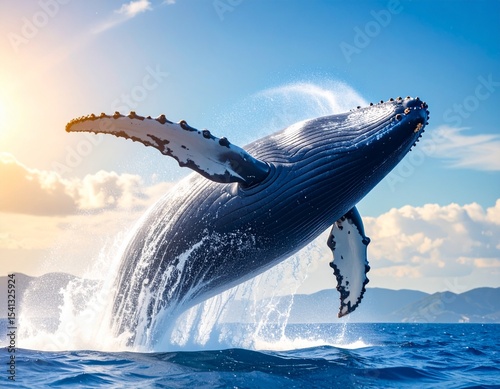 A whale breaching the ocean surface with water droplets frozen in air.