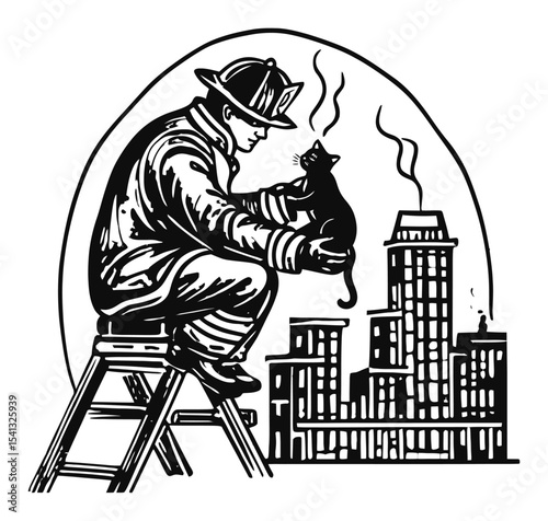 Firefighter Rescues Cat from Building with Urban Skyline in Background