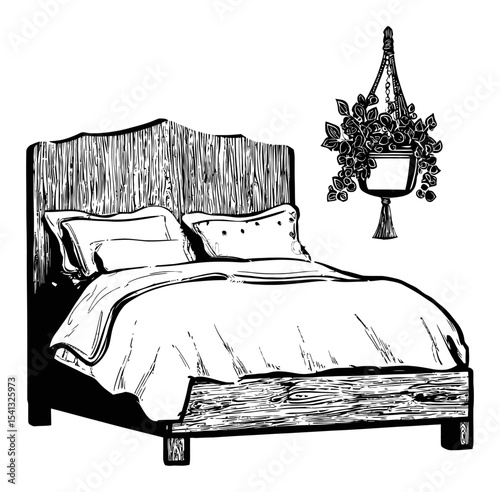 Hand Drawn Abstract Bedroom Illustration with Plant and Decorative Elements