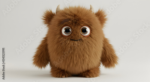 A Cute And Fluffy Brown Monster With Big Eyes And Horns In A White Background