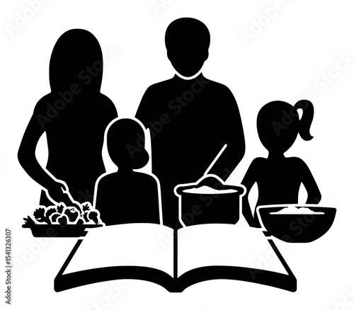 Family Cooking Together in Kitchen Silhouette with Open Recipe Book