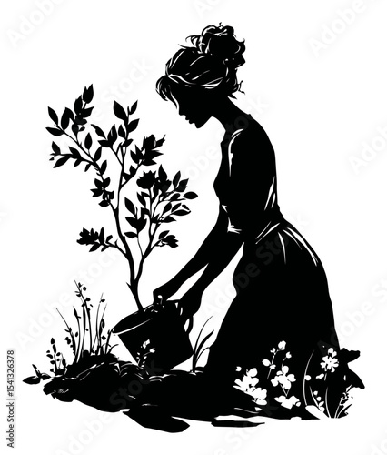 Woman Silhouette Caring for Plants with Watering Can in Black and White Design