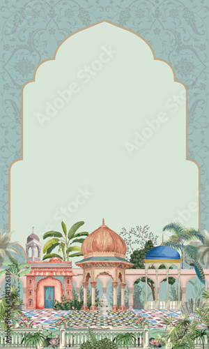 Traditional Mughal Wedding Frame with Dome Temple and Moroccan Motifs