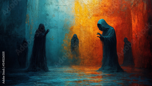 Surreal artwork depicting the complex world of schizophrenia, featuring dark, hooded figures in a vivid setting. Perfect for mental health themes, artistic expression, and emotional depth.