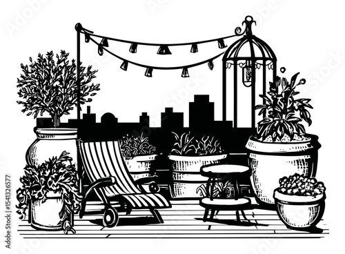 Abstract Hand Drawn Illustration of a Cozy Urban Balcony with Plants