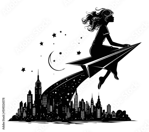 Girl Flying on Paper Airplane Over a Cityscape with Stars and Moon