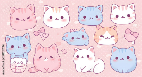 Adorable Kawaii Cartoon Cats in Pastel Colors with a Pink Background