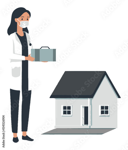 Medical Professional with Briefcase and House Illustration Design