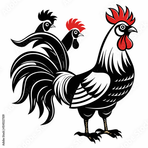 "Set of six black and white vector illustrations of roosters, each in a unique standing pose with detailed feather patterns, prominent tails, and distinct combs. Stylized in a bold, high-contrast wood