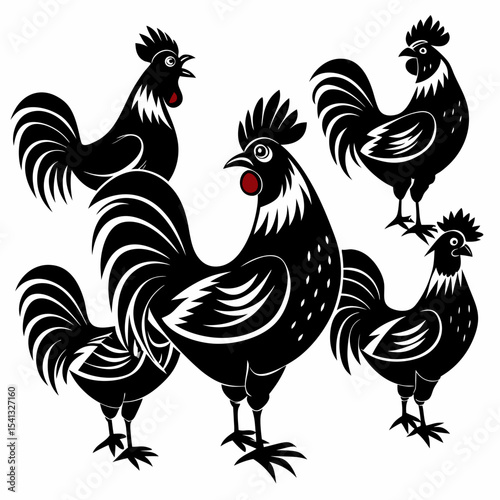 "Set of six black and white vector illustrations of roosters, each in a unique standing pose with detailed feather patterns, prominent tails, and distinct combs. Stylized in a bold, high-contrast wood