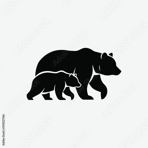Stylized black bear logo with parent and cub silhouettes walking together. Minimalist, elegant design on white background. Perfect for branding with a protective or family theme.