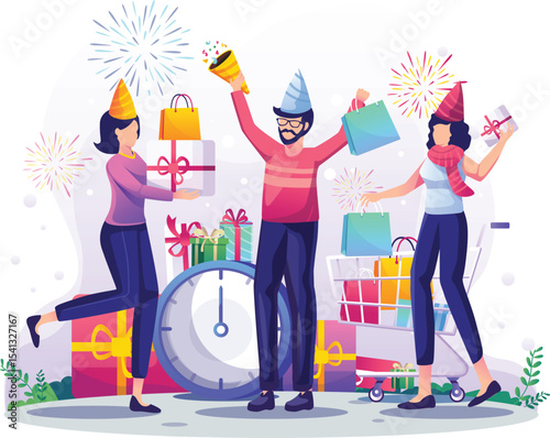 People hold gifts and enjoy shopping to celebrate New year 2022. New Year Shopping and Sale concept design. Flat vector illustration