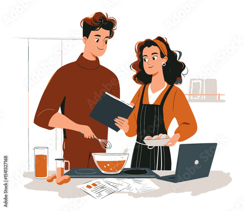 Young Couple Cooking Together in a Modern Kitchen Illustration