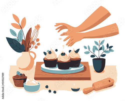 Hands Sprinkling Toppings on Delicious Cupcakes in a Cozy Kitchen Setting