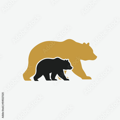 Stylized black bear logo with parent and cub silhouettes walking together. Minimalist, elegant design on white background. Perfect for branding with a protective or family theme.