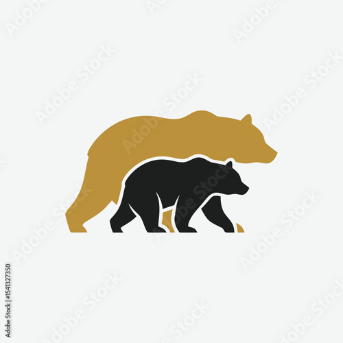 Stylized black bear logo with parent and cub silhouettes walking together. Minimalist, elegant design on white background. Perfect for branding with a protective or family theme.