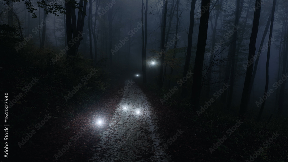 Fototapeta premium Dark evening forest with road and firefly lights.